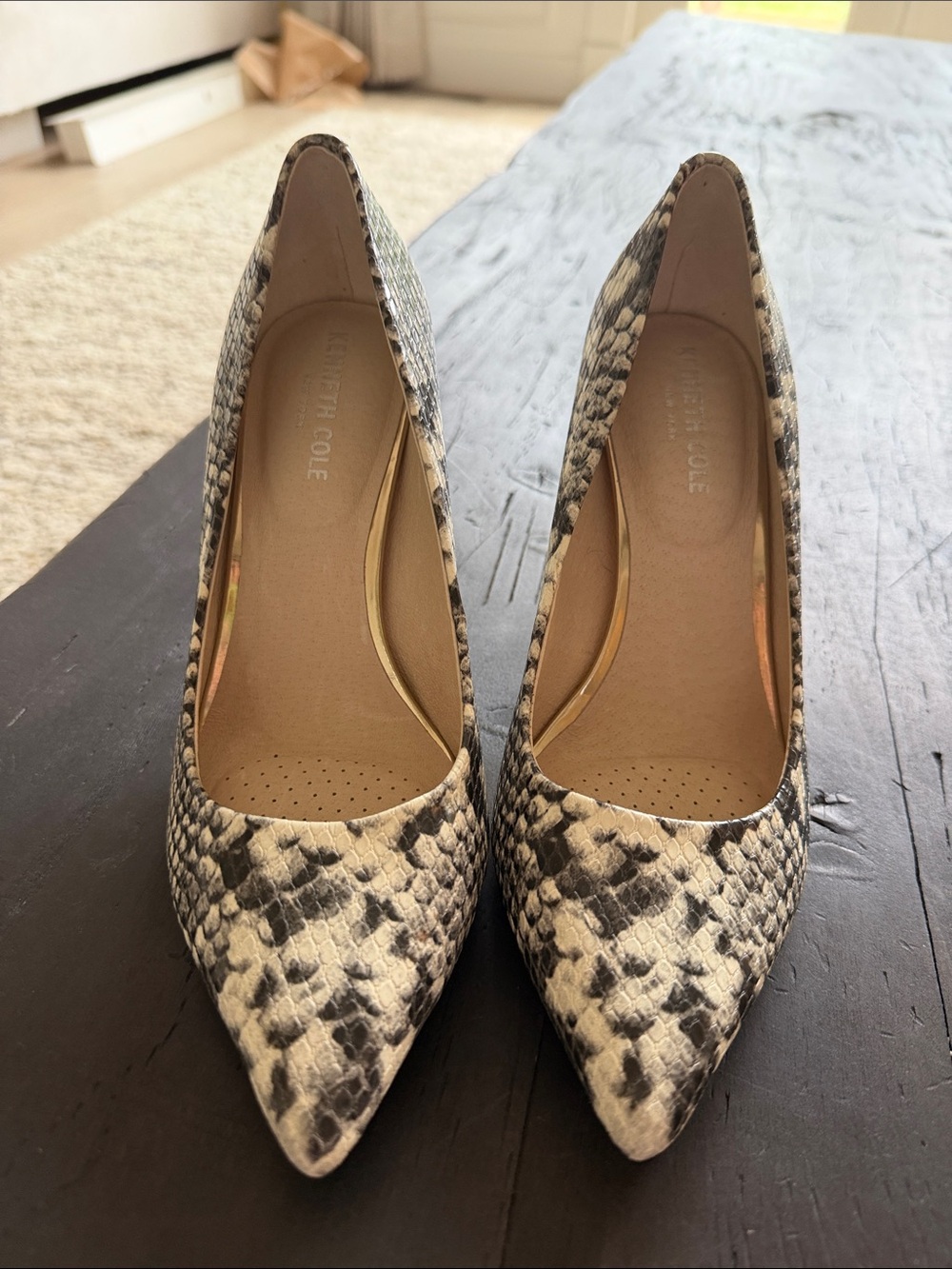 Snake-Print Pointed Toe Pumps in Black and White - Womens